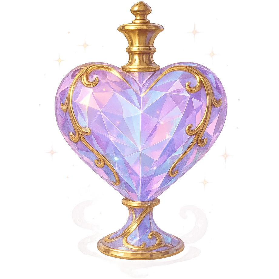 luxurious crystal elixir bottle in heart shape, pastel color gradient, lots of shine, facets, ornaments, golden details, magical effects, very small golden neck, transparent background, beautiful merging base, clearly floating in air, no ground or shadow, premium class impression, design matching crystal luxurious magical bottle collection emoji