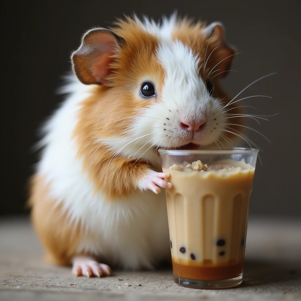 a realistic guinea pig enjoying boba tea, detailed fur, natural colors, photorealistic style emoji