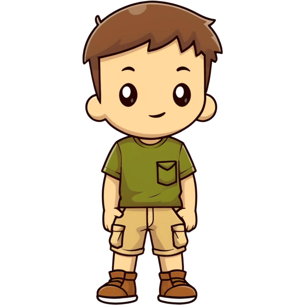 boy wearing an olive-green shirt over a brown T-shirt with beige cargo shorts emoji