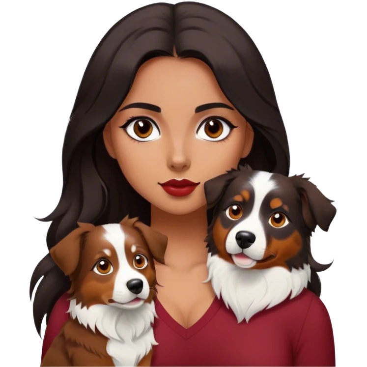 One latina girl with long beautiful dark hair and dark eyes in a dark red v neck and makeup with a black little brown and white tri Australian shepherd large emoji