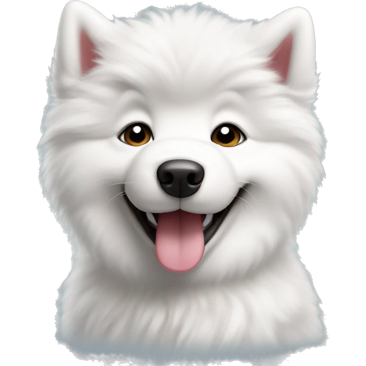 Samoyed puppy with tongue out facing you looking very happy emoji