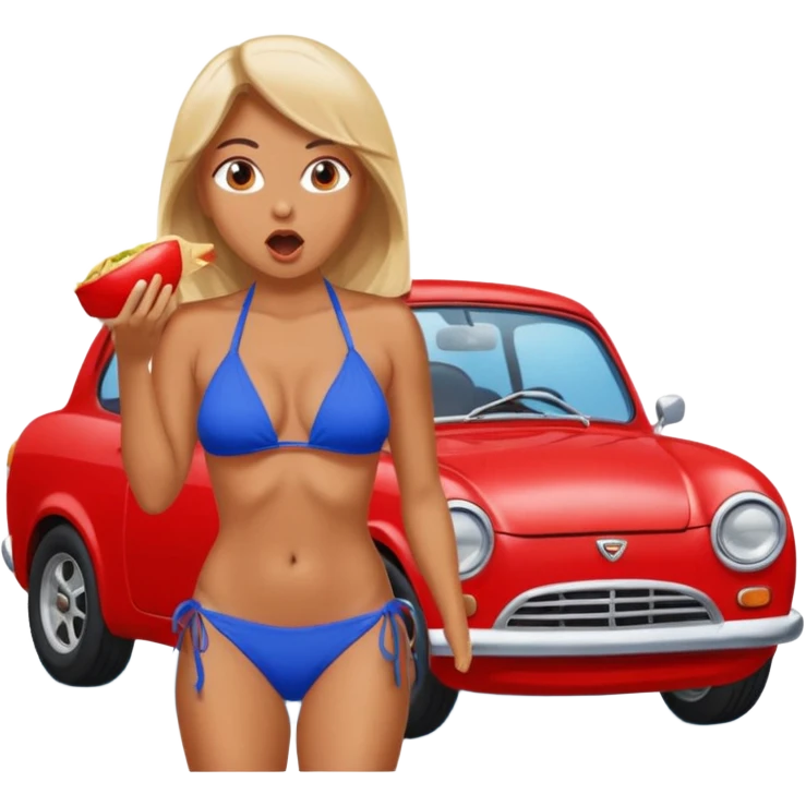 Woman in a bikini eating a car emoji