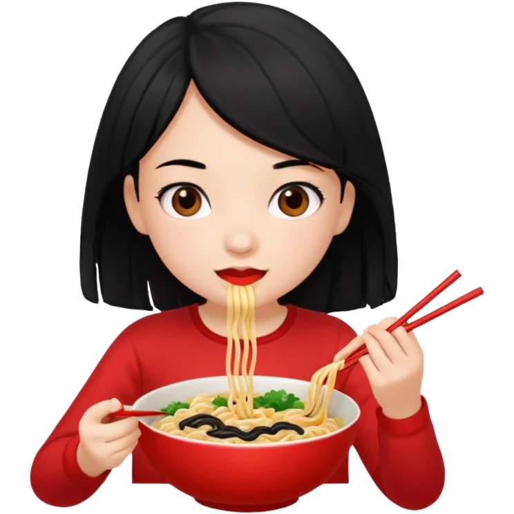 girl with black hair in 收人头、 eating noodles emoji
