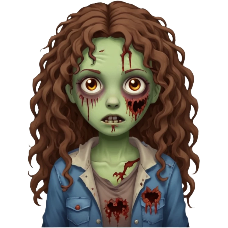 Foto de uma menina com cabelo cacheado longo castanhos, olhos castanhos no estilo zumbi emoji