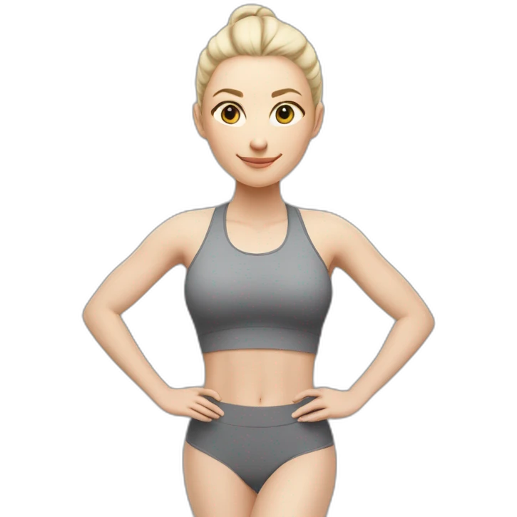 Pale skinned fit woman In a gray tight yoga suit With ash blonde hair in a ponytail doing yoga emoji