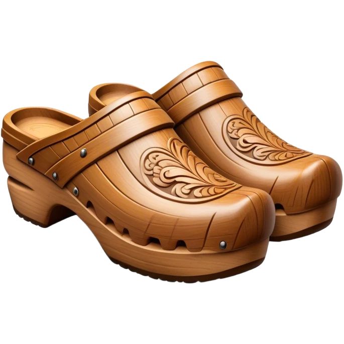 Cinematic Realistic Wooden Clogs Emoji, depicted as a pair of traditionally carved wooden clogs with intricate details and rustic charm. emoji