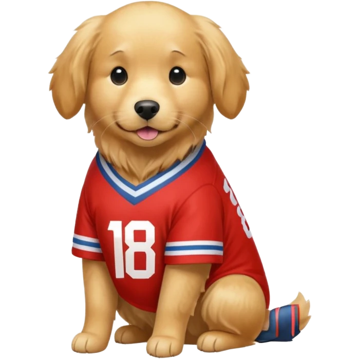 a golden retriever with a red and white jersey that has the number 18 on it emoji