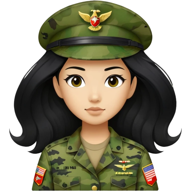 Asian girl with long black hair in the U.S. Marine Corps in green cammies emoji