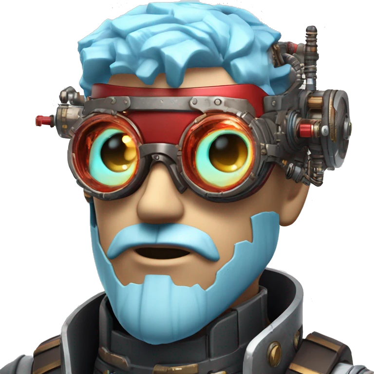  Short light blue haired male cyborg head with light blue beard, red steampunk goggles and circuits emoji