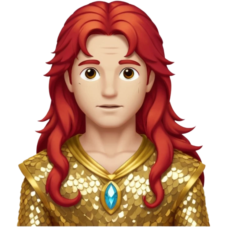 Adonis, God of Beauty from Gods and Goddesses with long red hair, gold sequin outfit emoji