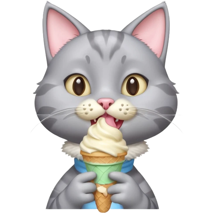 cute gray cat portrait, head and shoulders only, licking an ice cream cone, funny happy expression, 3D cartoon, mobile game icon style, clean background, no text, no watermark
 emoji
