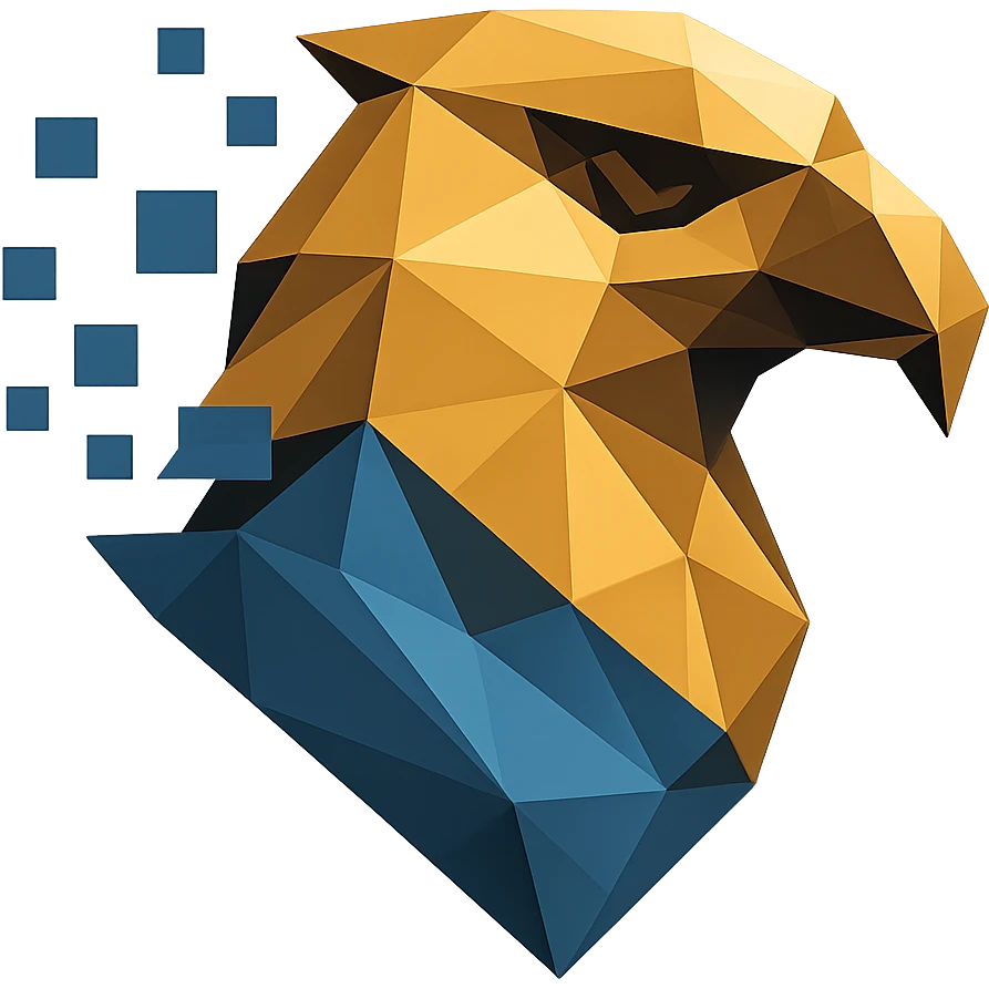 Make the abstract eagle head logo for Pinsafe even more abstract and visually striking, with bold digital and geometric polygonal effects. Remove the background entirely for transparency. Focus on a modern, cool, and highly attractive design, keeping the eagle recognizable and the color palette professional. emoji