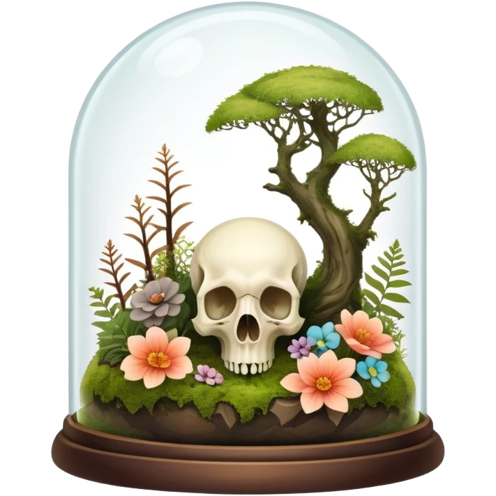 Mystical woodland glass-dome-terrarium-globe with moss and an animal-cadaver-skull and flowers inside  emoji