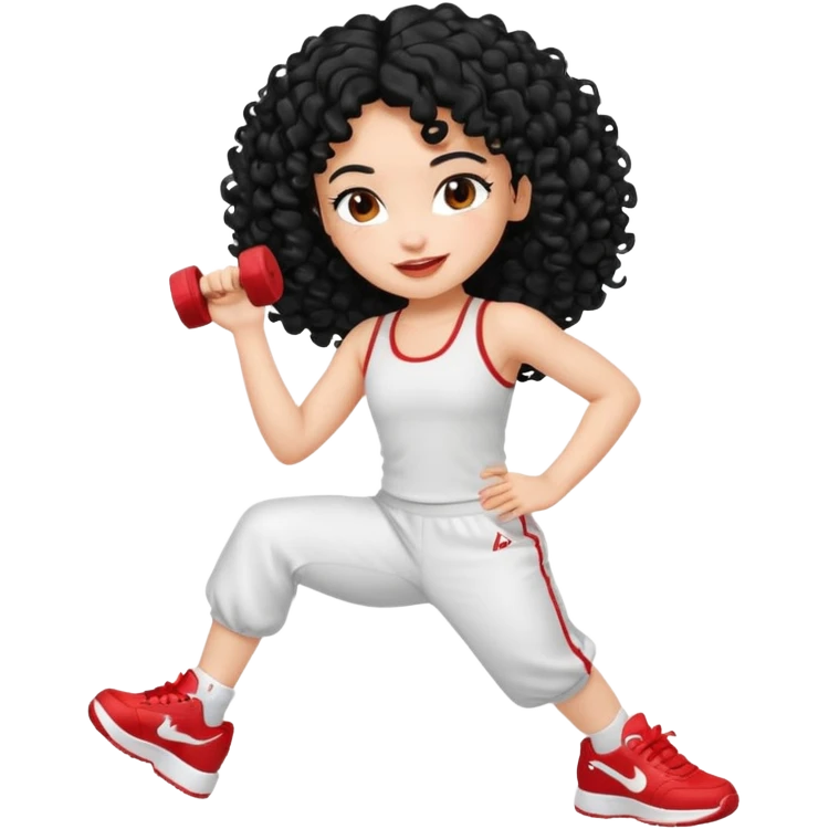 generate a pretty bratz fair skinned girl with curly black hair wearing a white gym set and excersing with red shoes on emoji