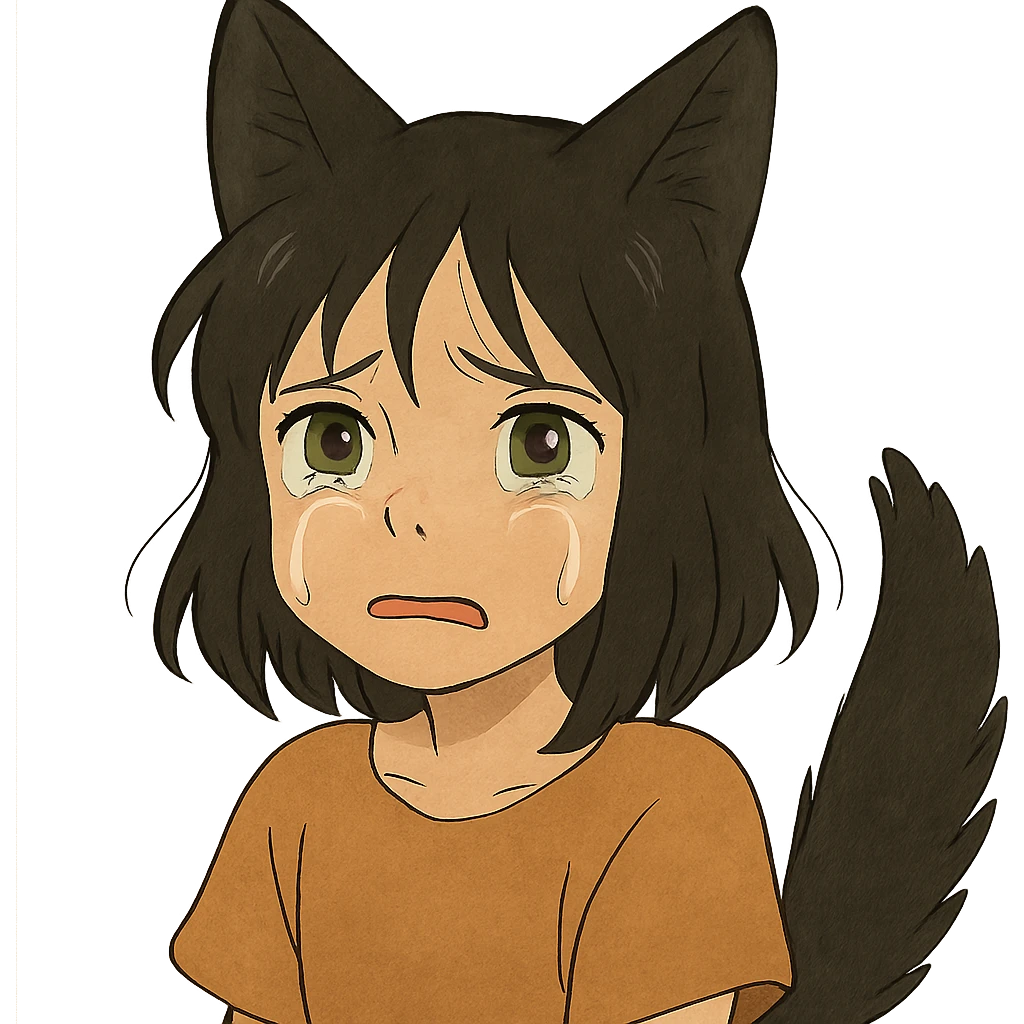 A girl with tears, black fox ears, and a tail, green eyes, dark hair emoji