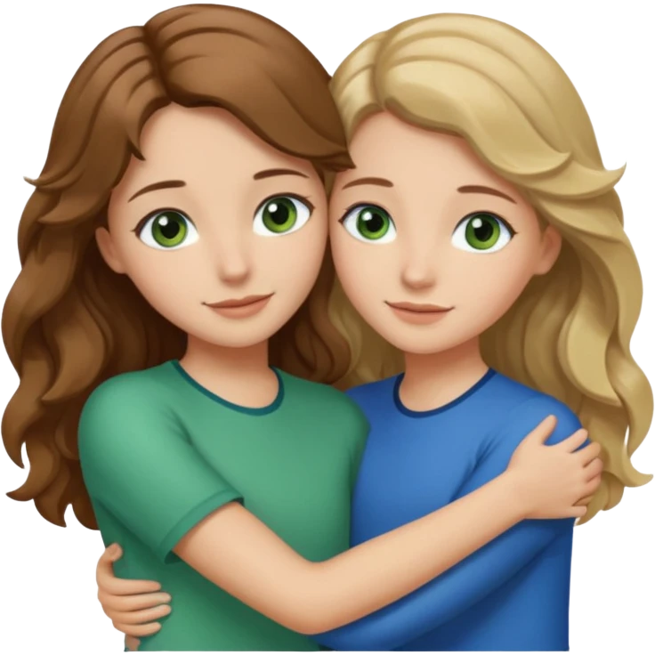 make me and my best friend togheter i have shoulder-lenght brown hair and light brown eyes and she has really long wavy hair blonde/brown hair and green/blue eyes we are hugging or taking a selfie  emoji