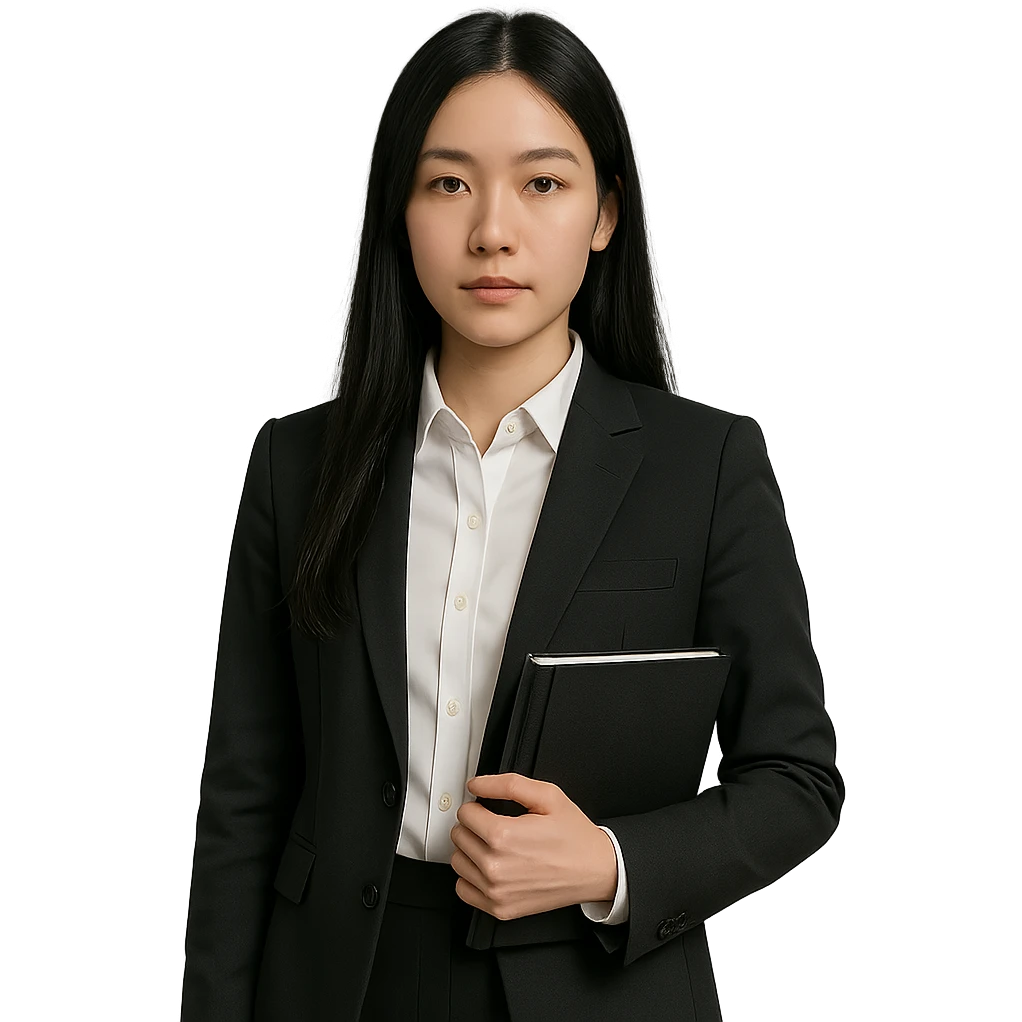 a girl with long black hair, neutral expression, wearing business style clothes including shirt and jacket, holding a notebook as an accessory, professional and clean style emoji