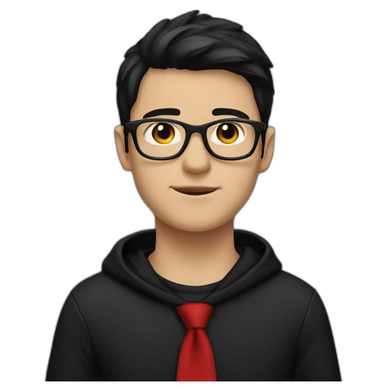 White boy wearing glasses in a black hoodies with black hair with brown eye with black shirt and red tie emoji