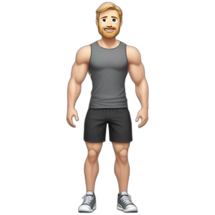 Full height Pale skinned muscular man With Realistic eyes and mouth, light brown hair and stubble In dark gray sleeveless mike, black oversize sports shorts, watch and white sneakers. emoji