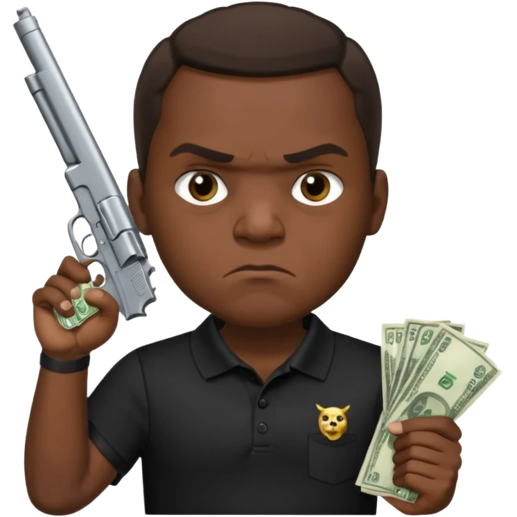 franklin saint from snowfall perhaps holding money and gun but he is mad and with a black polo shirt emoji