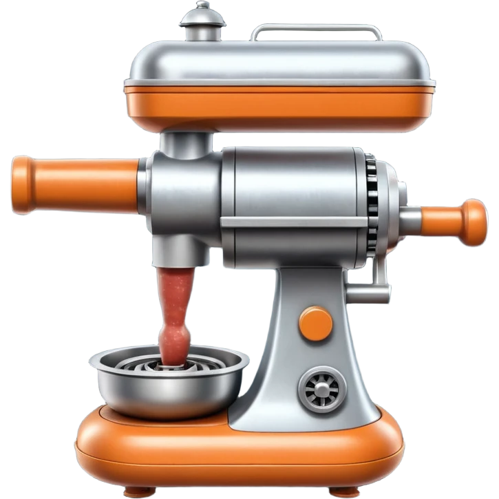 sausage-processing droid. retro-futuristic style. top is a circular industrial meat grinder with rotating gears and blades. Two robotic arms feed material into grinder. Sausage links extrude from the rear like  factory. The body is metallic, compact, and floats above the ground.no legs. Dark humor emoji