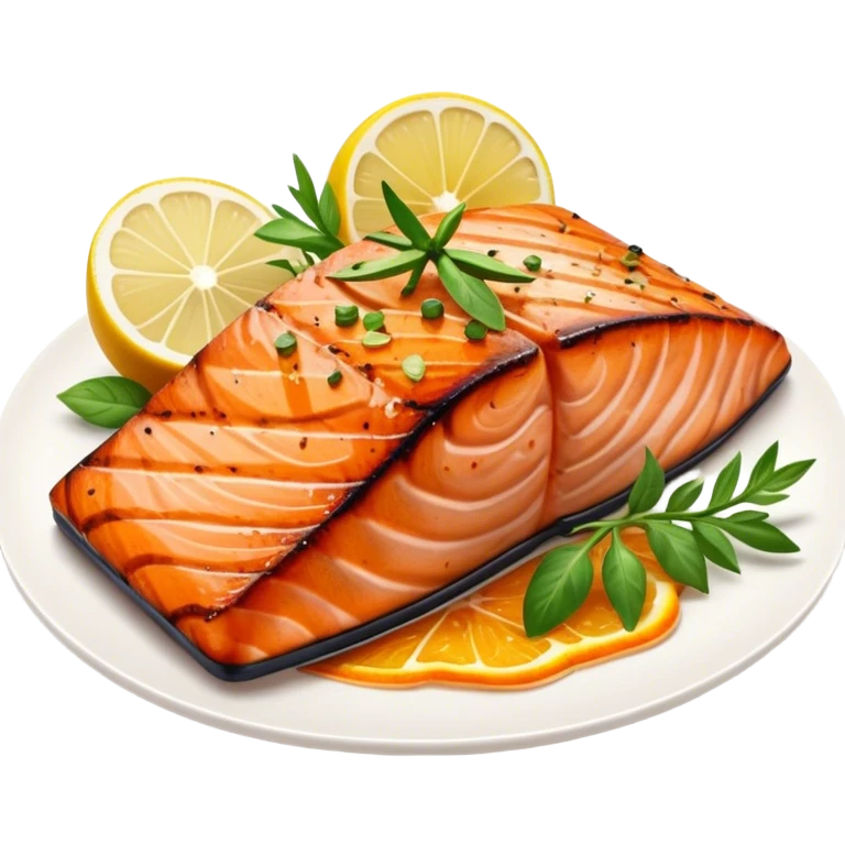 Cinematic perfectly grilled salmon, rich orange hues with crispy skin, garnished with fresh herbs, drizzled with lemon, ultra-detailed and delicious. emoji