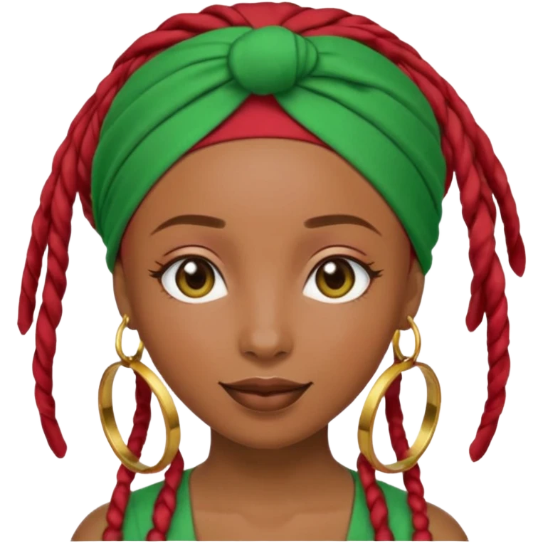 Non-portrait Jayci-vibe emoji, 1024 PNG, transparent. Headwrap (muted R-G-G), hoops, locs hint; soft smile, golden inner glow + faint heart aura. Embed: first-love, roots calm, playful grace, protective joy, consent. emoji