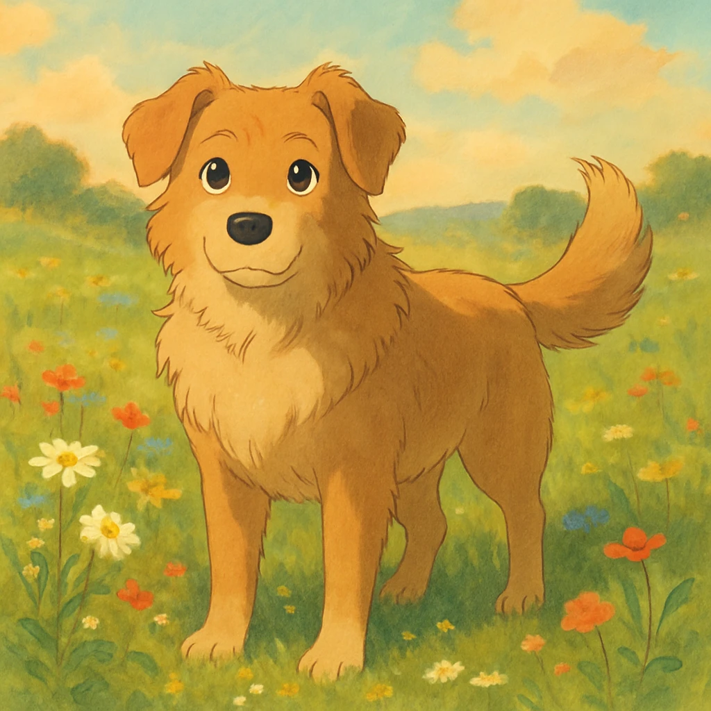 A gentle, loyal dog with expressive eyes and soft fur, standing in a meadow with wildflowers, painted in a whimsical and soft style with warm lighting emoji