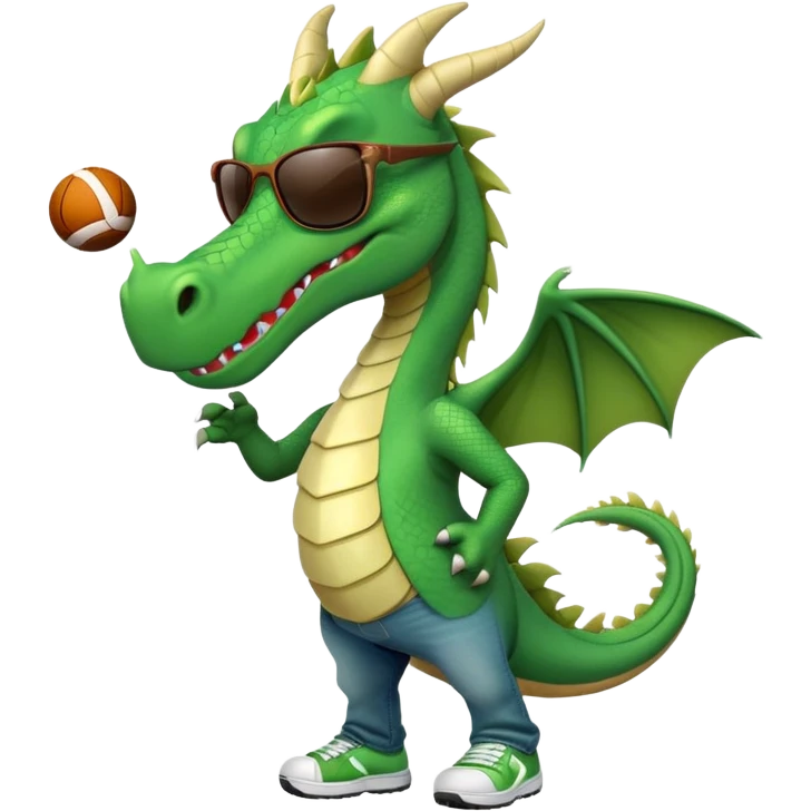 friendly anthropomorphised green dragon in a sports t-shirt and jeans with dark sunglasses walking upright, relaxed pose emoji