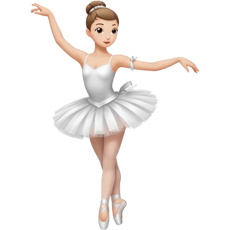 A ballerina dancing with point shoes and in a white tutu with a ribbon on her waist, she has a slick bun and a great posture emoji