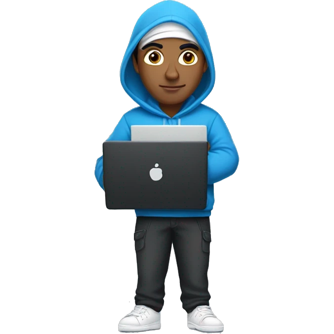 An Indian man in a blue hoodie, black pants with white sneakers carrying a closed laptop in the hand on the side near his waist emoji