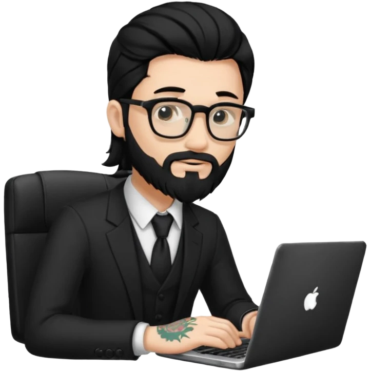 a young man with long black hair, with formal cloth, beard, wearing glasses sitting with a laptop, tattoo inyout arms emoji