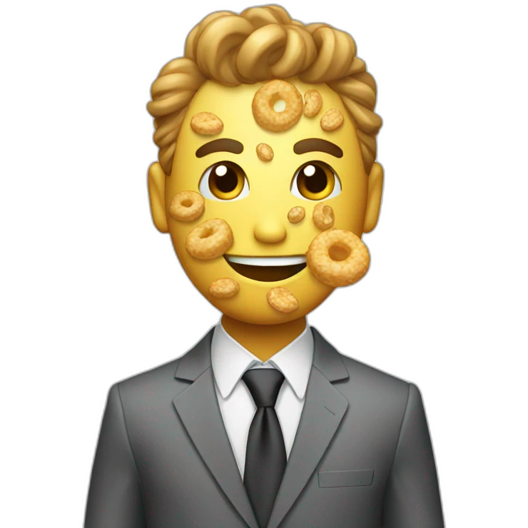 cereal mascot wearing a nice suit with a bowl of cereal for a head emoji