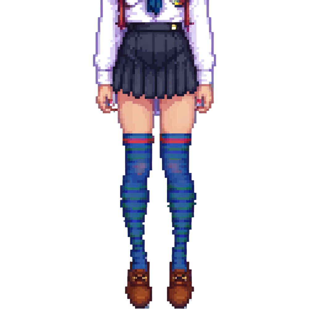pixel art of a girl in a school uniform, legs in striped stockings emoji
