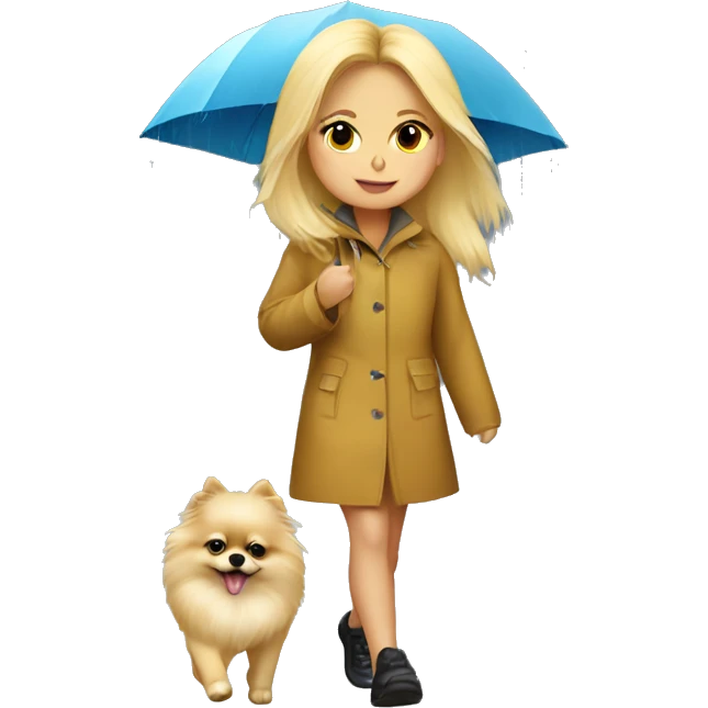 Blonde girl walking pomeranian under the rain emoji
