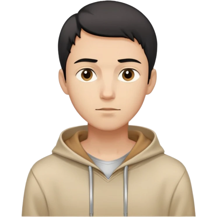 man with short black hair, slender build, light brown hoodie over white inner garment, silver necklace, calm demeanor, gentle expression, looking straight ahead emoji