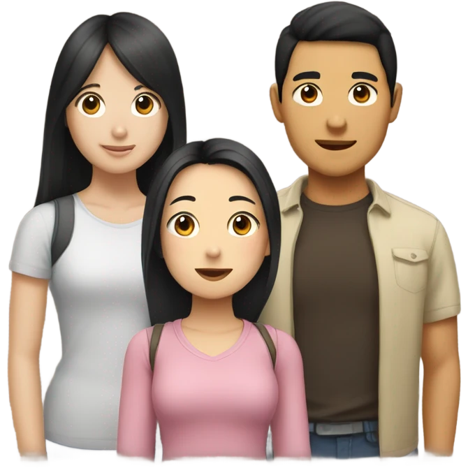 Three best friends: one Asian guy, one girl with straight black hair, and one girl with light brown hair. emoji