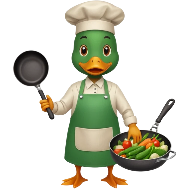 A duck holding a frying pan with sizzling vegetables, wearing green apron emoji