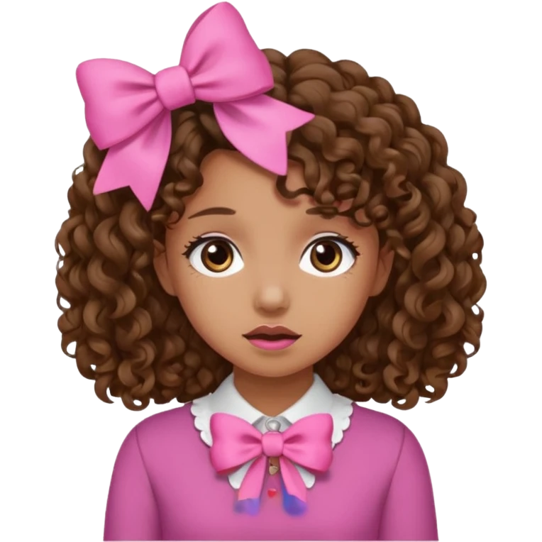 Curly hair brown hair tan skin girl, Pleading Face emoji, using pink bow emoji