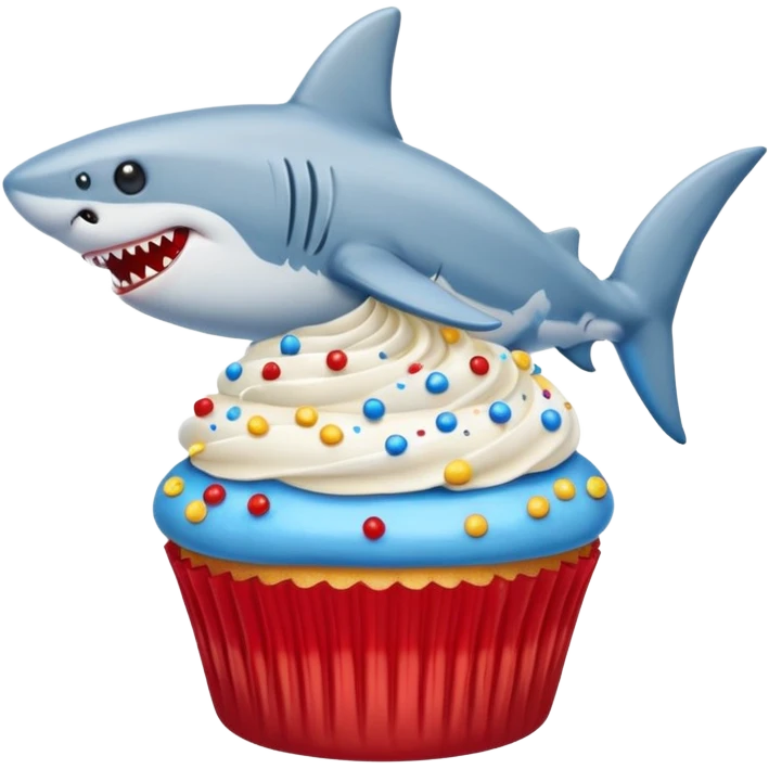 Cupcake  with a  dog  and friendly shark with gloden and silver and blue and red icing  emoji