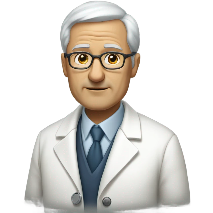 "An older man with thin, neatly combed gray hair, a sharp nose, and a cold, analytical look. He wears a pristine white coat, thin glasses, and carries a stethoscope." emoji