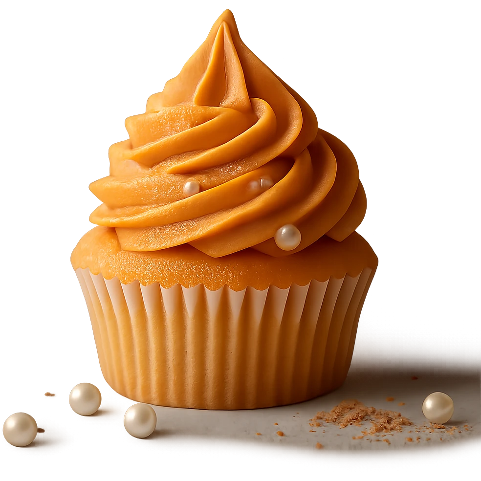 Change the icing to pumpkin color (orange, creamy and slightly glossy), keep the realistic cupcake and accessories, photorealistic style, transparent background. emoji