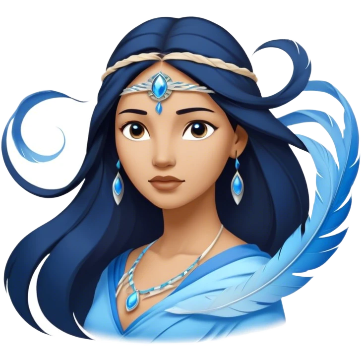 Cinematic Elegant Pocahontas Portrait Emoji, Standing serenely with a blue wind swirl around her, soft feathers in her hair, a tranquil yet powerful gaze, beauty beyond time, an ethereal aura of connection with nature, regal and enchanting! emoji