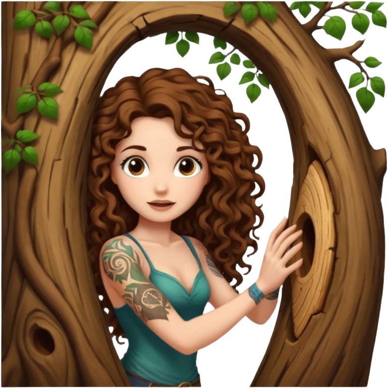 woman with long curly brown hair, brown eyes, white skin, tattoos, opening a tree trunk like a secret door portal emoji