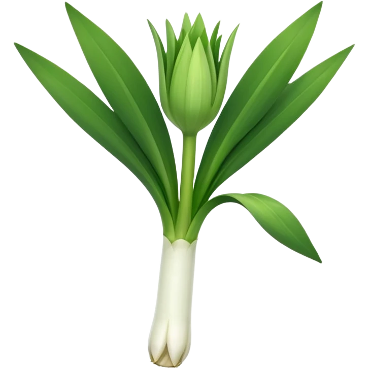 single leek, white stalk to green leaves, open, tidy, layered, fine roots, clean and moist, 3D clean style, transparent background, optimized for emoji size emoji