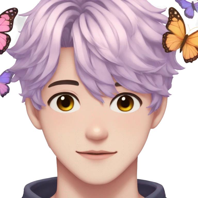 Gorgeous pastel anime style guy with blushing face and butterflies aesthetic trending style emoji