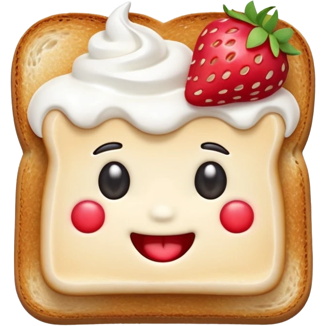 emoji illustration of a square toast topped with fluffy white cream, decorated with a strawberry bow made from two strawberry halves and a small sliced center, bright red and glossy, Clean soft shading, kawaii emoji style, centered object, no plate, no background, high detail, pastel tone emoji