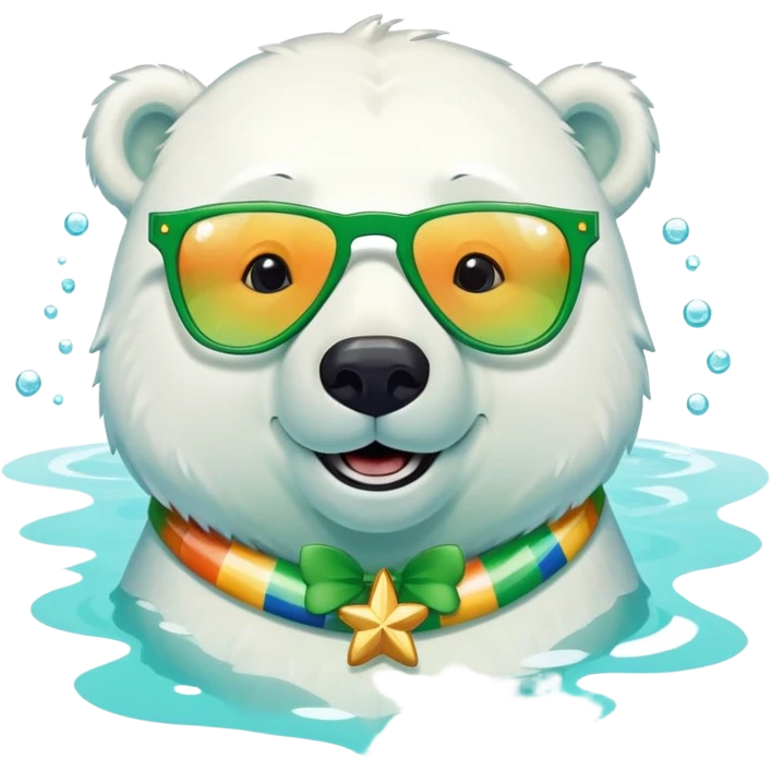 friendly anthropomorphised polar bear smiling, wearing large multicolored star-shaped glasses and festive St. Patrick's Day outfit, swimming in water emoji