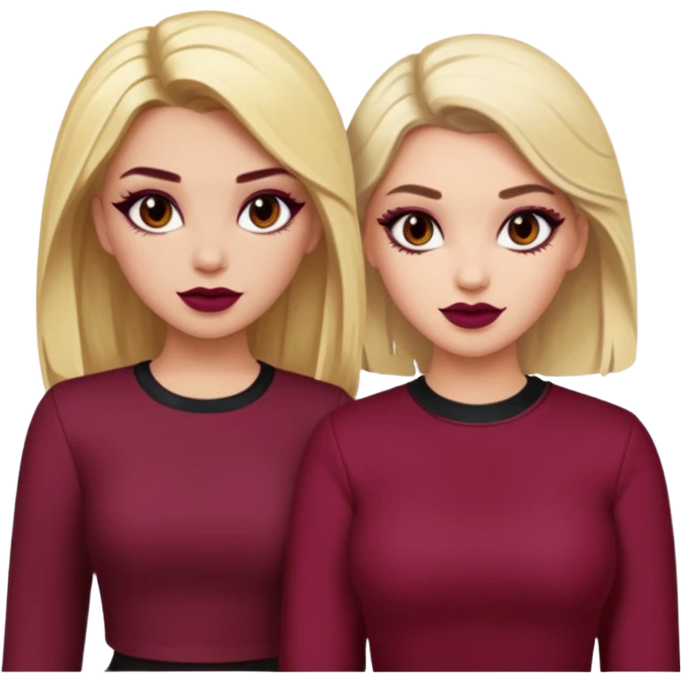 Boujy baddie best friends blonde and brunette, trendy heavy makeup, burgundy clothes emoji