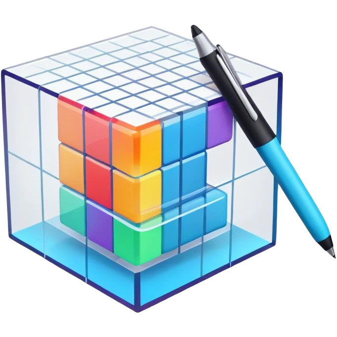 Create an emoji for 3D visualization and modeling. Show a 3D cube or object with grid lines and a modeling tool (e.g., a mouse or stylus). Use modern, professional colors. Do not include any emojis or smiley faces. Make the background transparent. emoji